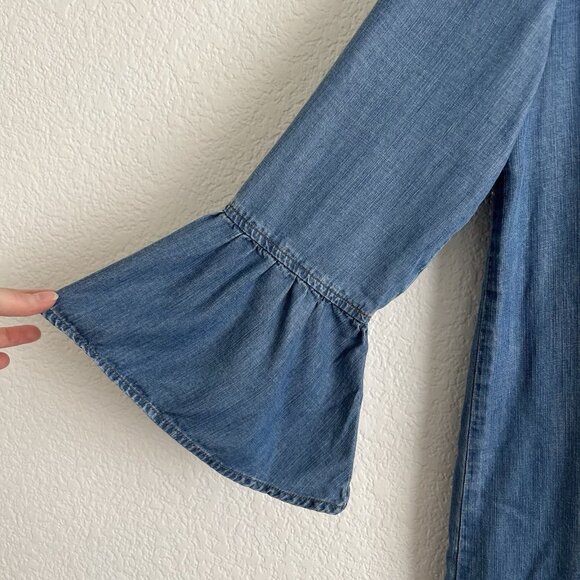 Cloth & Stone Small Blue Chambray Back Tie Bell Sleeve Denim Mini Shift Dress - Picture 3 of 9